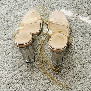 Clear Strap Nude Block Heel Sandals